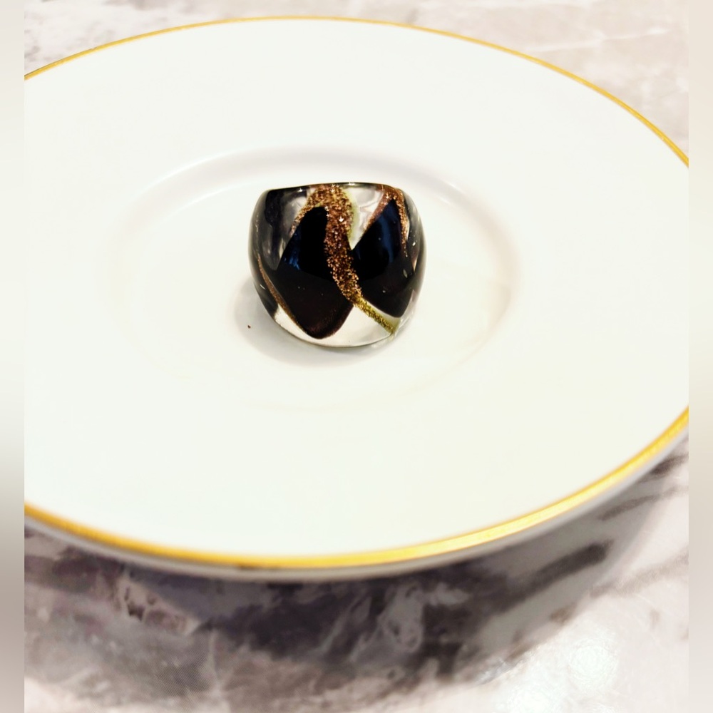 Rare Murano Elegant Black and Gold Women's Glass Ring
